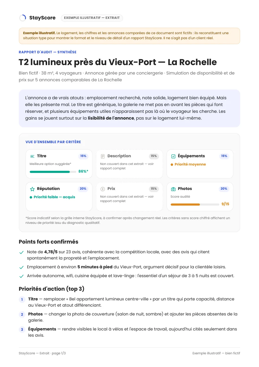 Page 1 de l'extrait d'audit, exemple fictif à La Rochelle : synthèse, vue d'ensemble par critère, points forts et priorités